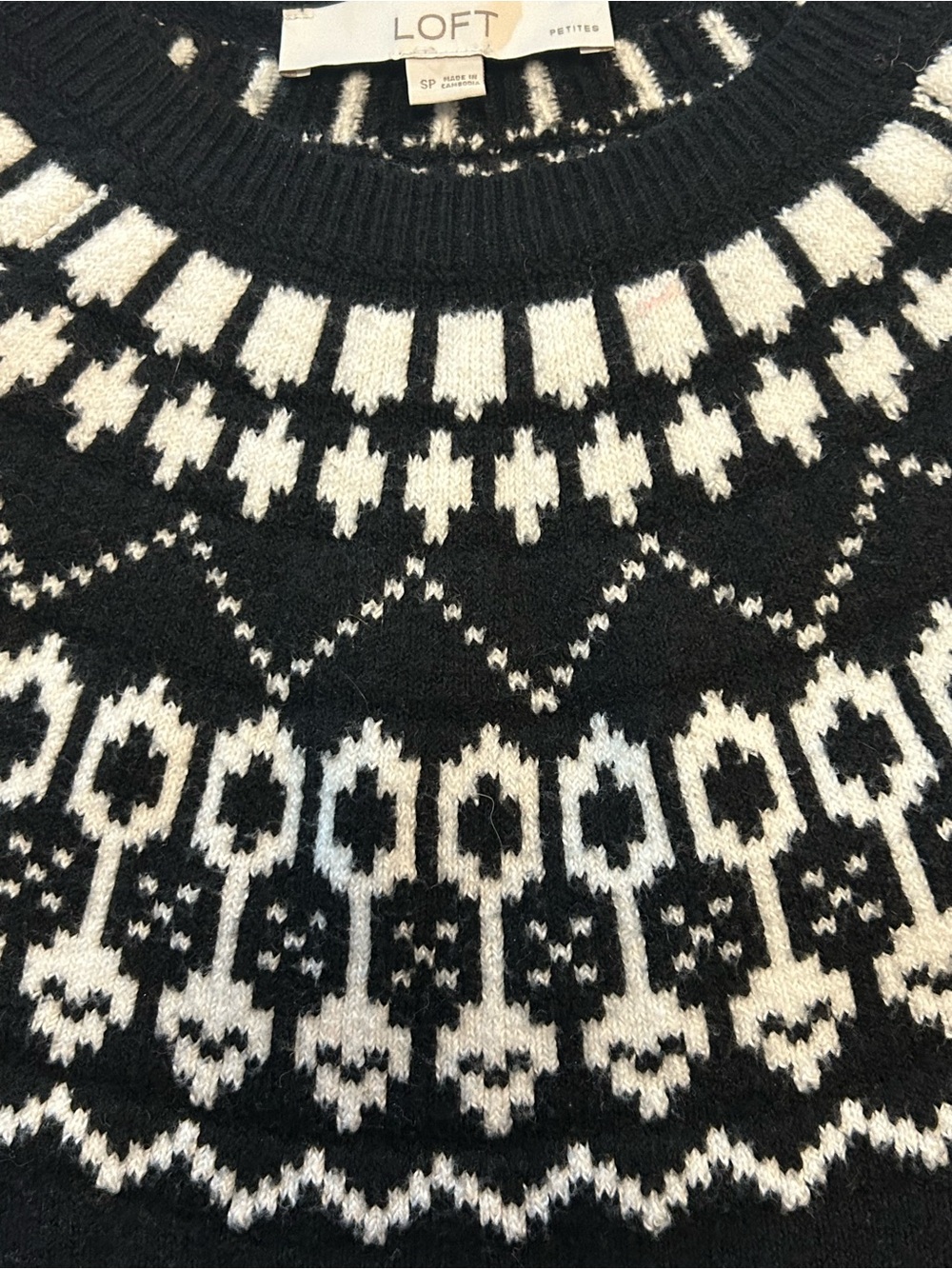 LOFT Black & White Fair Isle Crewneck Ski Sweater Gorpcore SZ S/P EUC Clean Girl - Picture 4 of 11